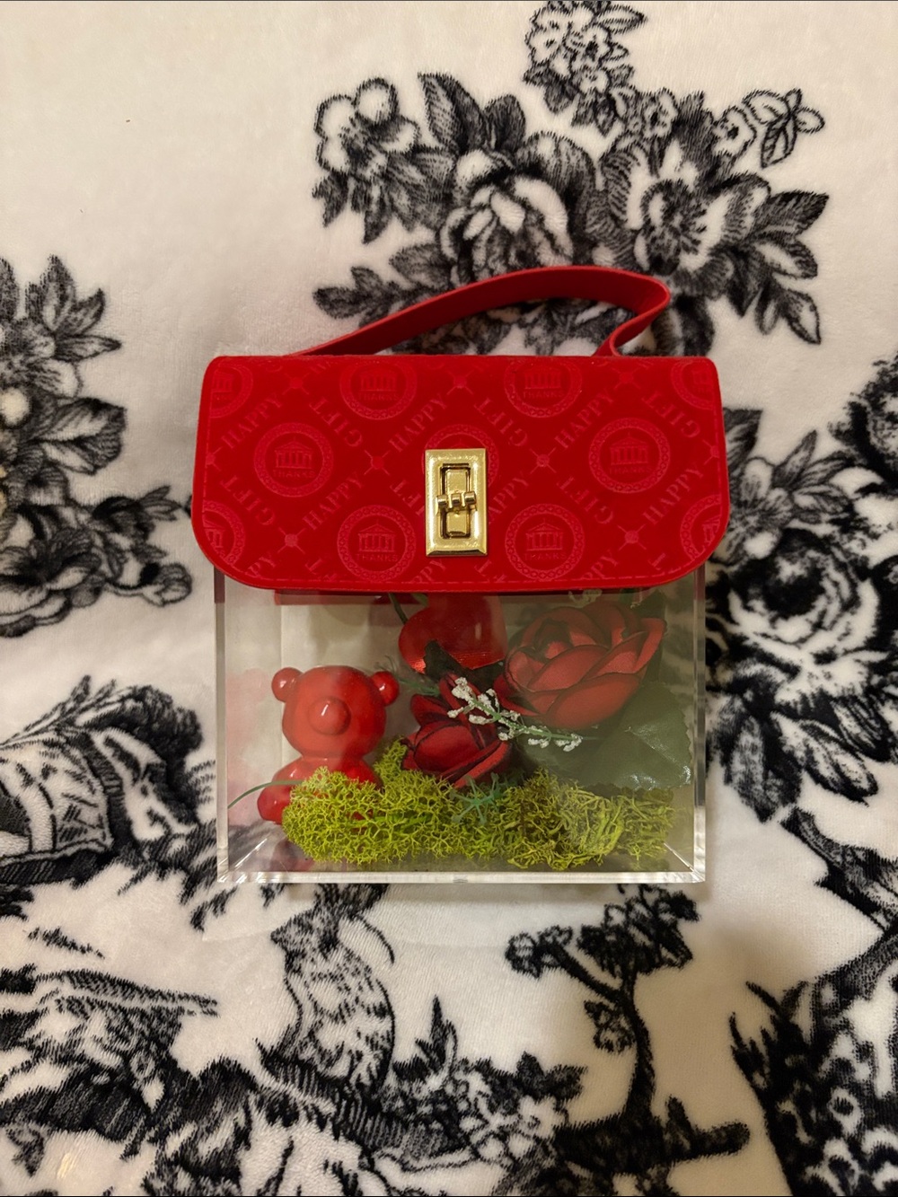 Clear Box with Red Top Handle and Bear Accent